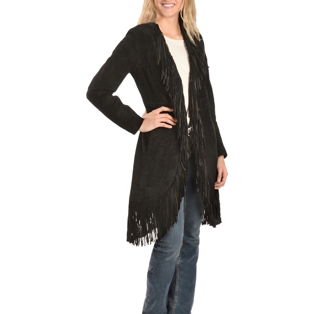 Skully Elegant Black Fringe Leather Jacket for Women